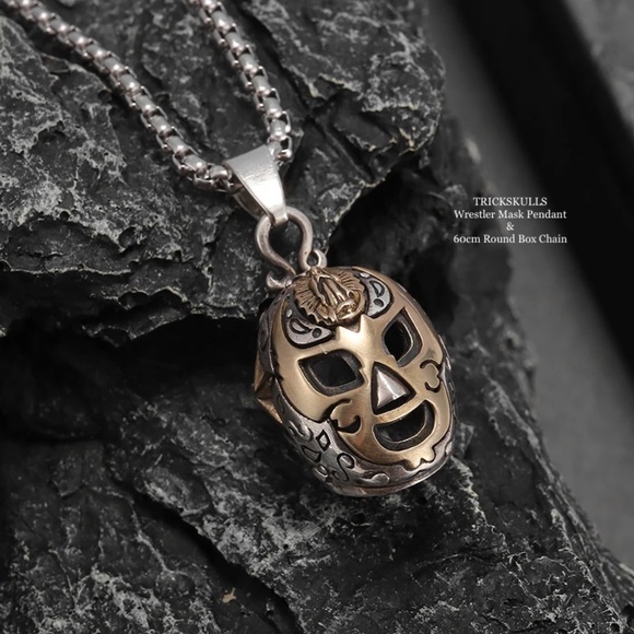 Wrestler Wrestling Mask Silver & Gold Pendant 60cm Stainless Round Box Chain - Picture 6 of 8